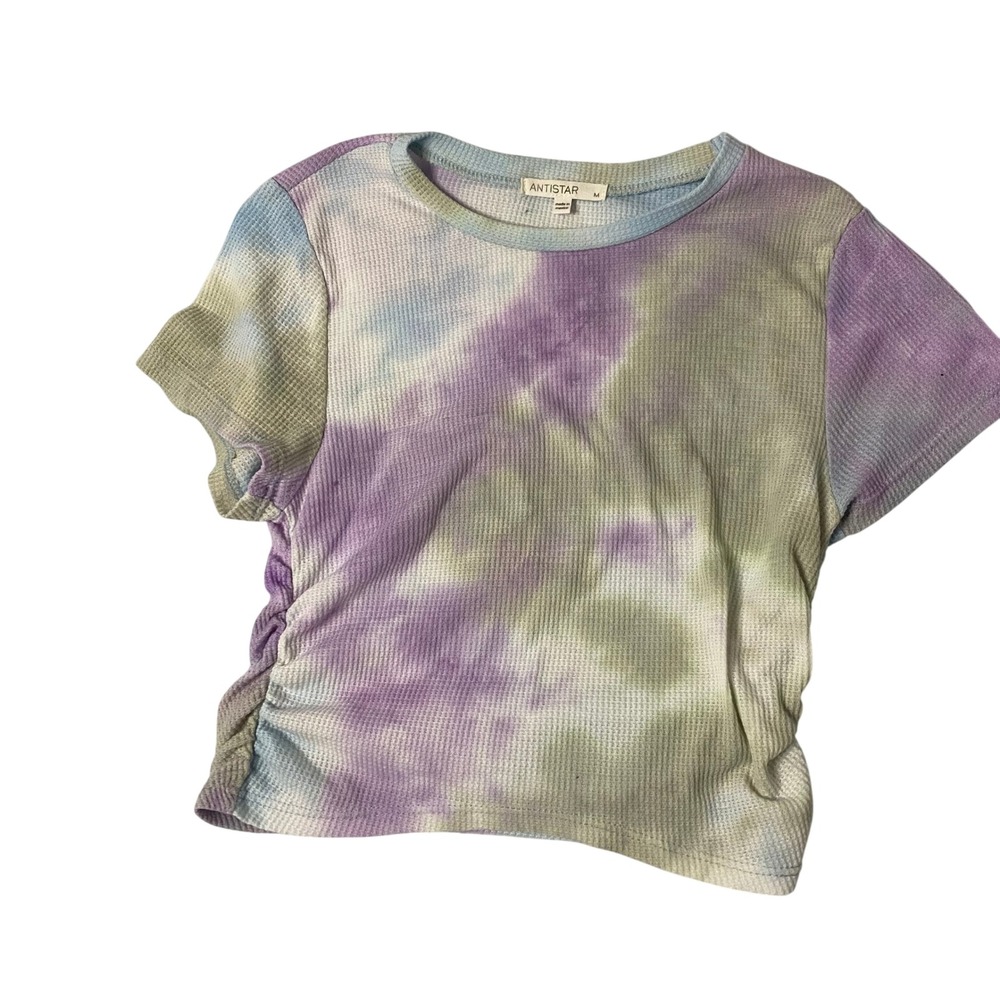 Antistar Womens Medium Tie Dye Waffle‎ Knit Ruched Side Short Sleeve crop Top